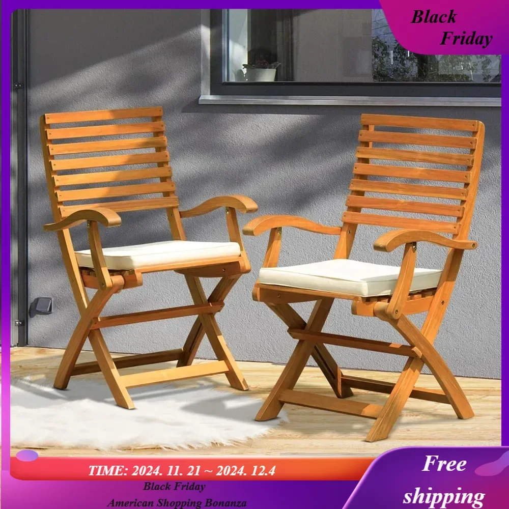 Percy Chairs Heavy Duty 400lbs Capacity Set of 2 with Cushion,Outdoor Furniture,Teak Finish,Fully Assembled,Wood Folding Beige