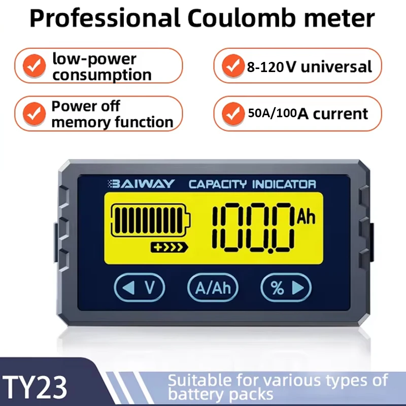 TY23 Battery Capacity Indicator DC 8V-120V 50A/100A Coulomb Counter Li-ion Lifepo4 Detector Coulomb Meter Battery Volt Tester