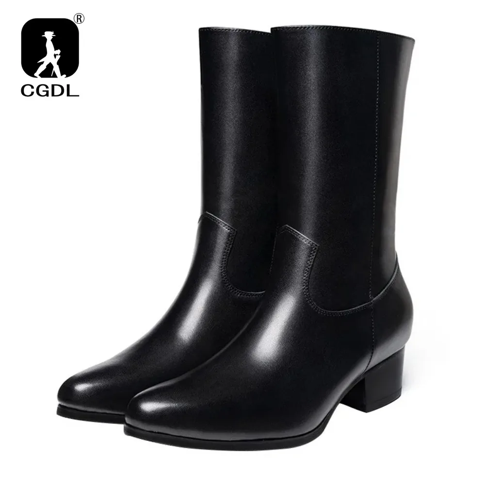 Knee High Warm Mens Boots Luxury Genuine Leather 2024 Spring New Style Black Fur Shoes High Heel with Side Zipper Social Suit