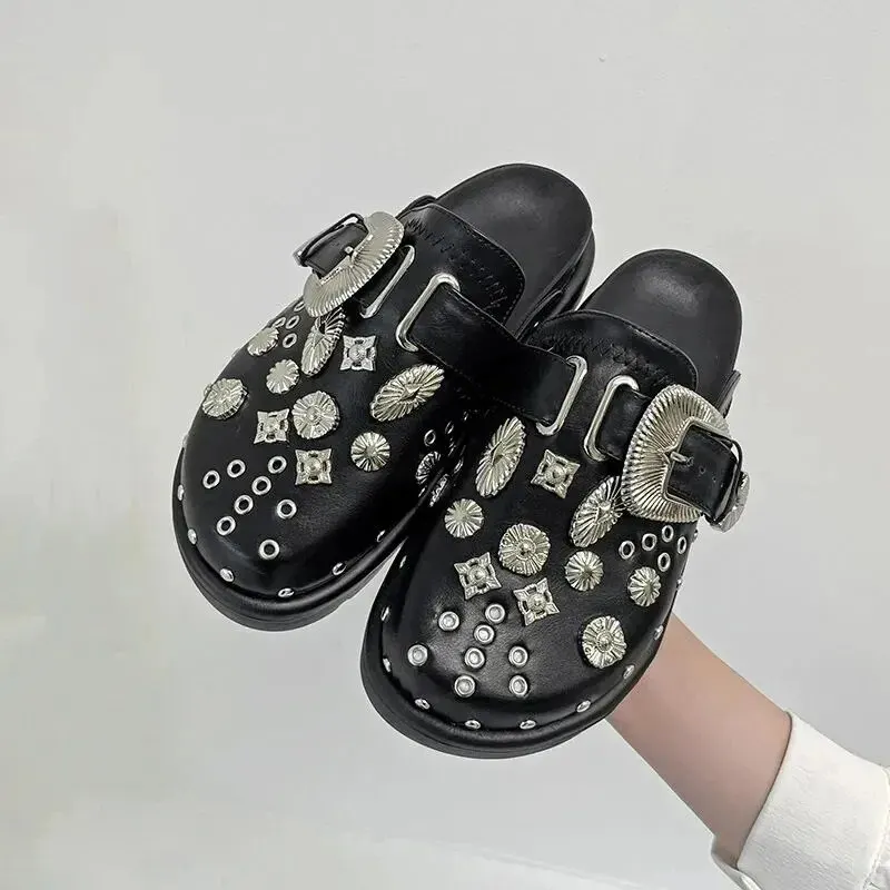 Summer Women Slippers Platform Rivets Punk Rock Leather Mules Creative Metal Fittings Casual Party Shoes Female Outdoor Slides