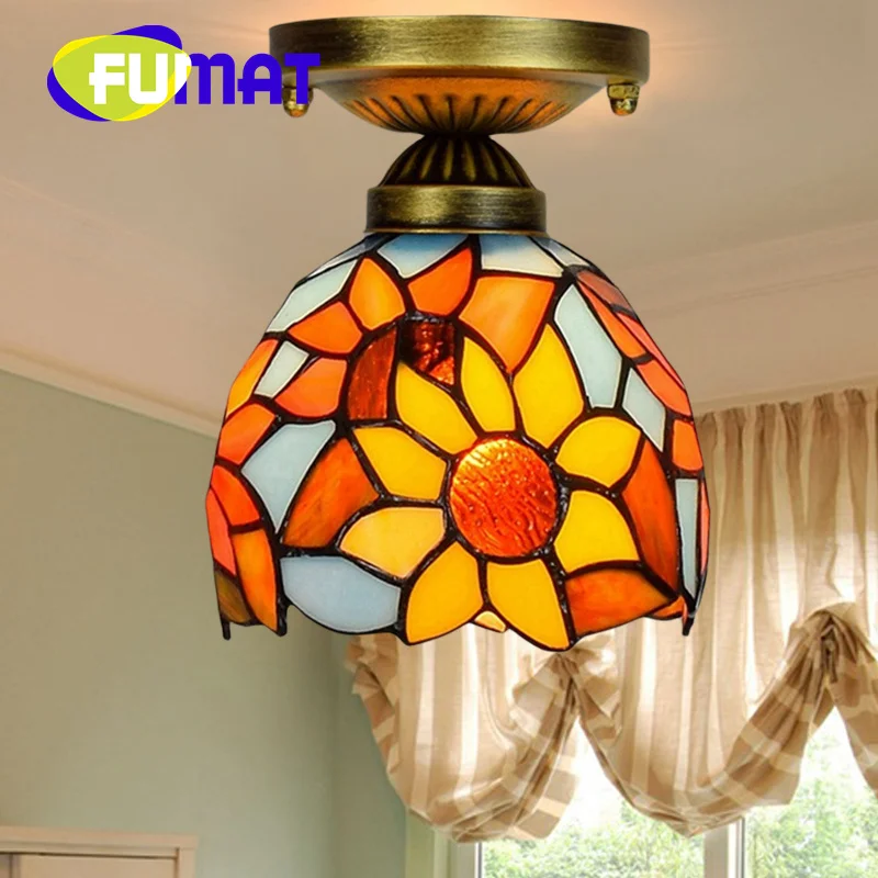 FUMAT Tiffany style stained glass 6 inch blue sunflower Pendant lamp ceiling light for bedroom hallway hallway balcony decor