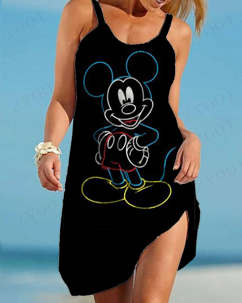 Robe de plage Vintage à volants pour femmes, tenue de soirée Disney, grande taille, avec bretelles en aiguille de pin, Mickey et Minnie, nouvelle