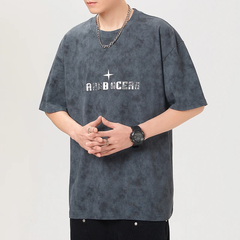 Street American High Density Knitted Loose Printed Short Sleeve T-shirt Boy Fashion All-Matching Loose Trendy Men's Clothing