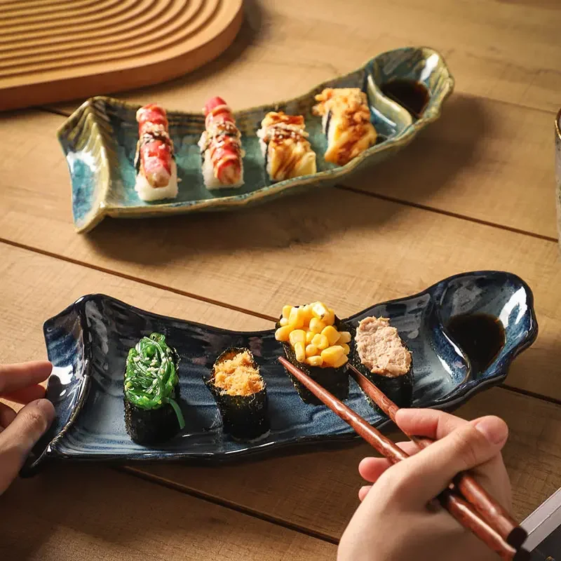 Japanese shaped long plate, ceramic dim sum Western plate, creative snack sushi plate