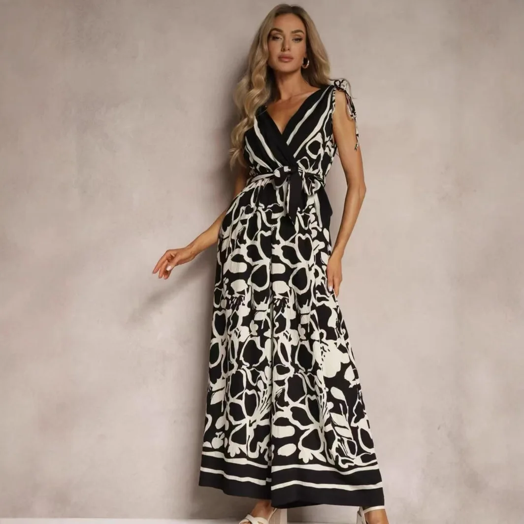 エレガントなロングジャンプスーツ レディース セクシー ワイドレッグジャンプスーツ カジュアル ノースリーブ 花柄 サマージャンプスーツ 女性用 2025年新作