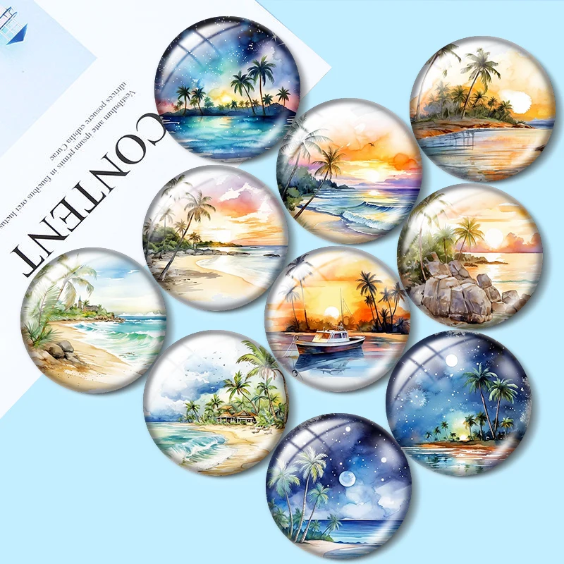 Watercolor Beach Sunrise 12/18/20/25mm glass cabochon  bracelet pendant rings for jewelry demo earrings back Making findings