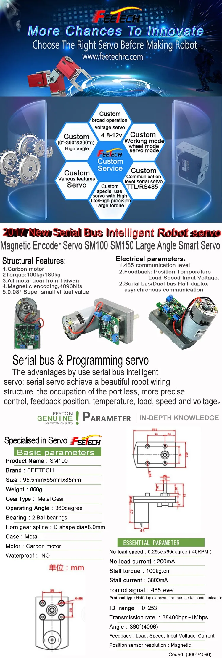 Feetech SM100 12V 100kg Torque Magnetic Encoder Robot Servo Metal Material for RC Robot & Industrial Equipment
