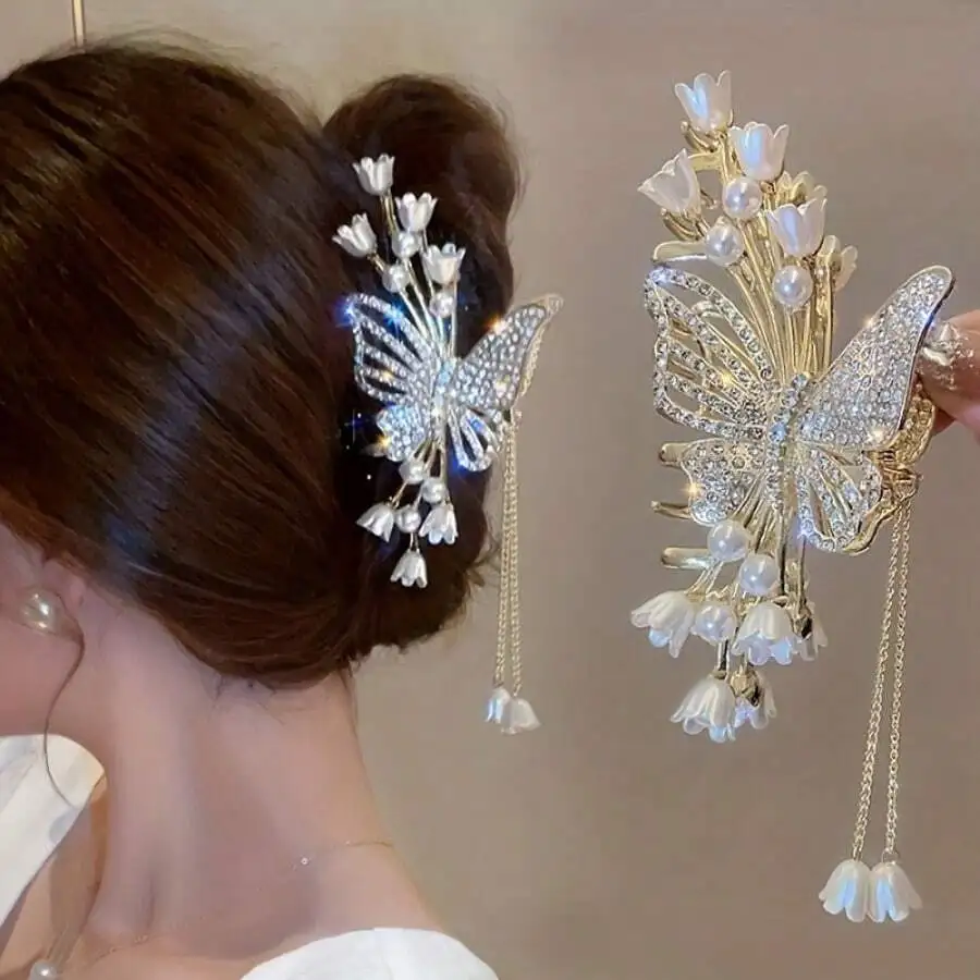 

1pc Chic Flower & Butterfly Rhinestone Faux Pearl Tassel Hair Clip, Zinc Alloy Fairy Girl Hair Accessory, Ideal Gift, Women Hair Decoration, Autumn, Travel, Hair Styling Tool, Women Accessories, Hair Clip, Autumn, Women Hair Accessory, Hair Styling Tool