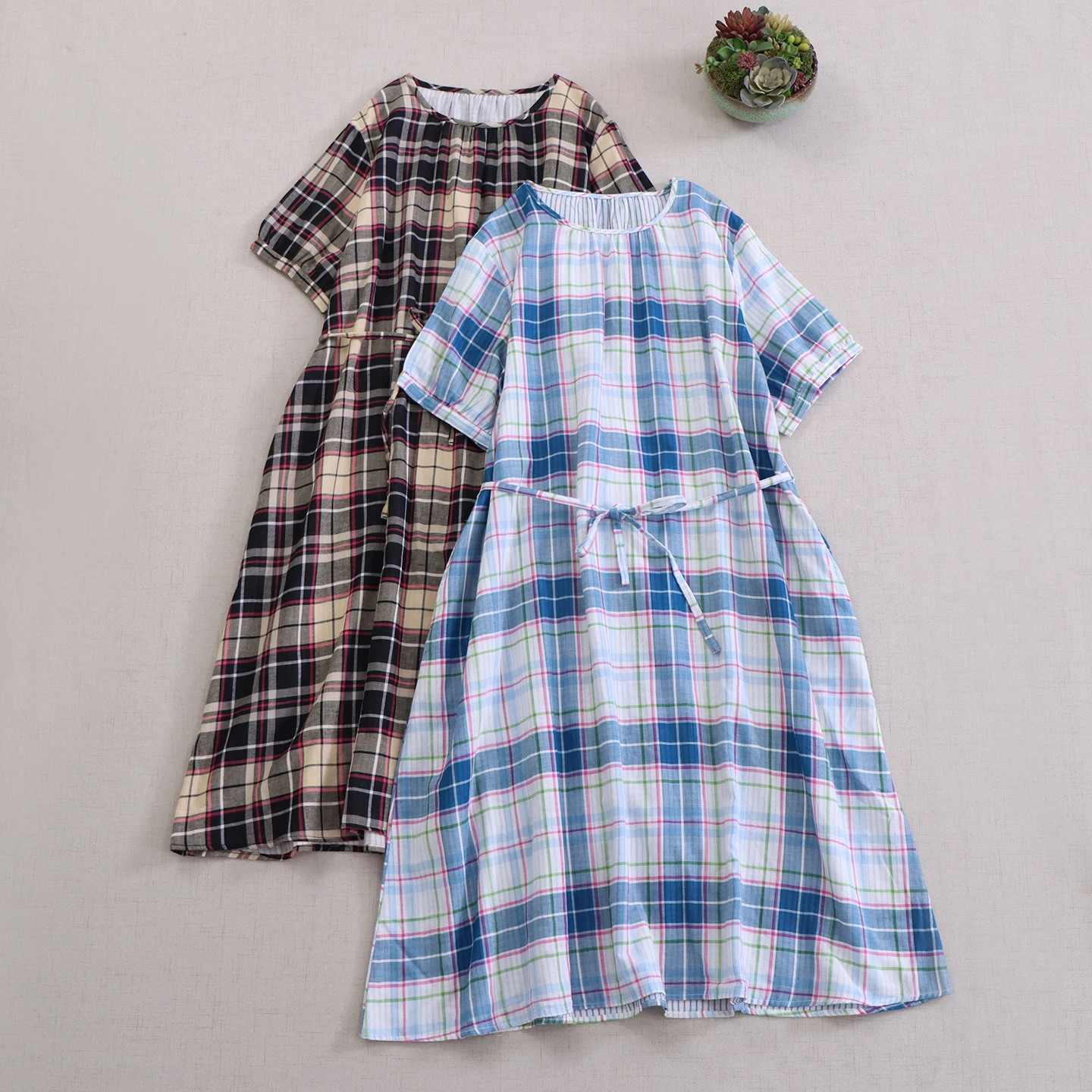 

Japanese Sweet Mori Girl Vintage Plaid 100% Cotton Shirt Dress Women Summer O-Neck Short Sleeve Casual Midi Loose Belted Dress