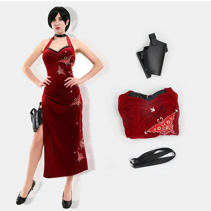 Ada Wong anime game cosplay costume women red sexy sleepveless split dress combat uniform with leg bag Halloween Carnival clothe