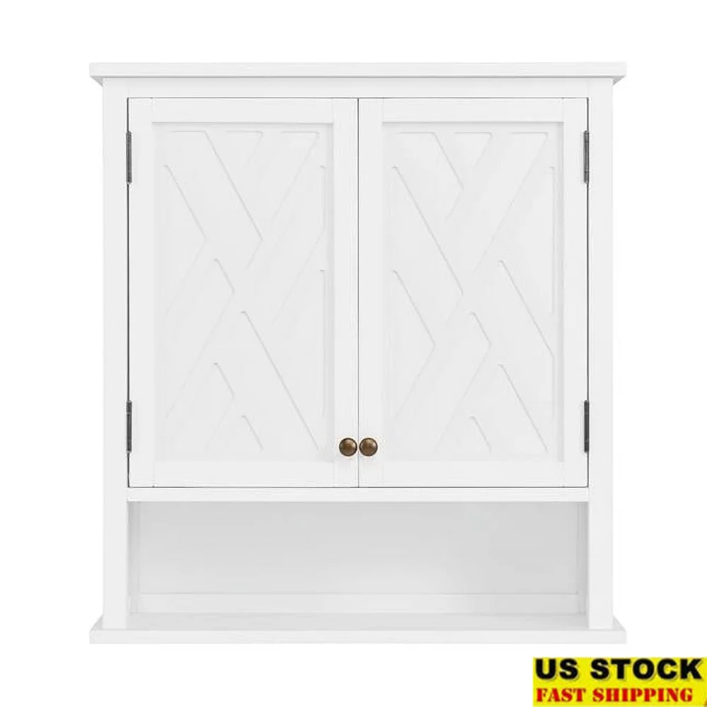 

Настенный шкаф для хранения в ванной комнате с двумя дверцами, регулируемые полки, открытая полка, туалетные принадлежности и домашний декор, белая отделка