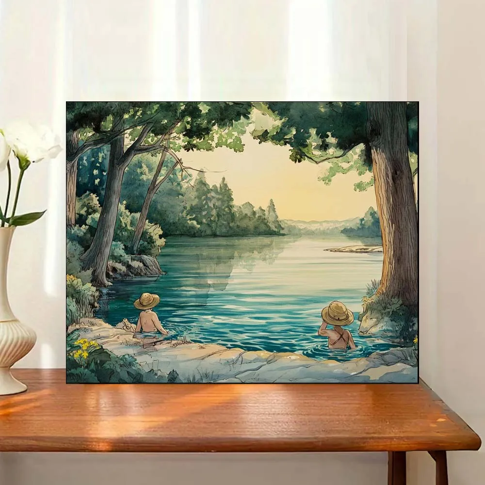 الأطفال في نهر محاط بأوراق الشجر المائية قماش الفن المبتدئين الكبار دهانات يدوية بالأرقام مجموعة بدون إطار #1