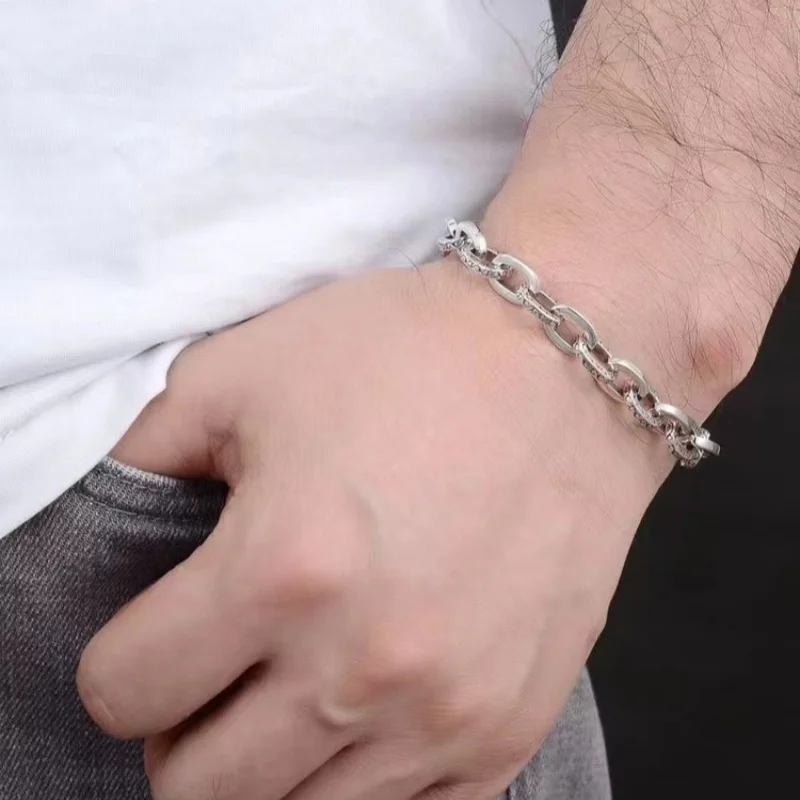 New S925 silver personality Tang grass bracelet men's hip hop fashion retro niche bracelet gift