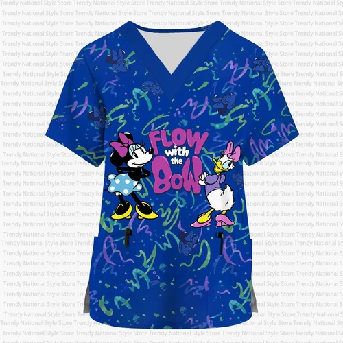 2025 nuevo uniforme de trabajo de bolsillo para mujer, princesa de Disney, estampado de Mickey, Top exfoliante con cuello en V, ropa de enfermería, camisetas deportivas