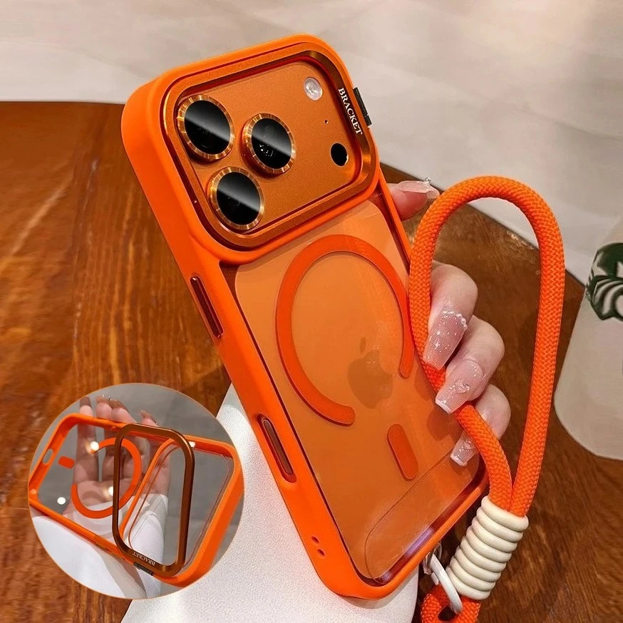 Nuevo soporte de cámara para funda Magsafe para iPhone 17 Pro Max 17 Air 16 15 14 Plus 11 12 13 Pro Max con cubierta de película de lente con correa para la muñeca
