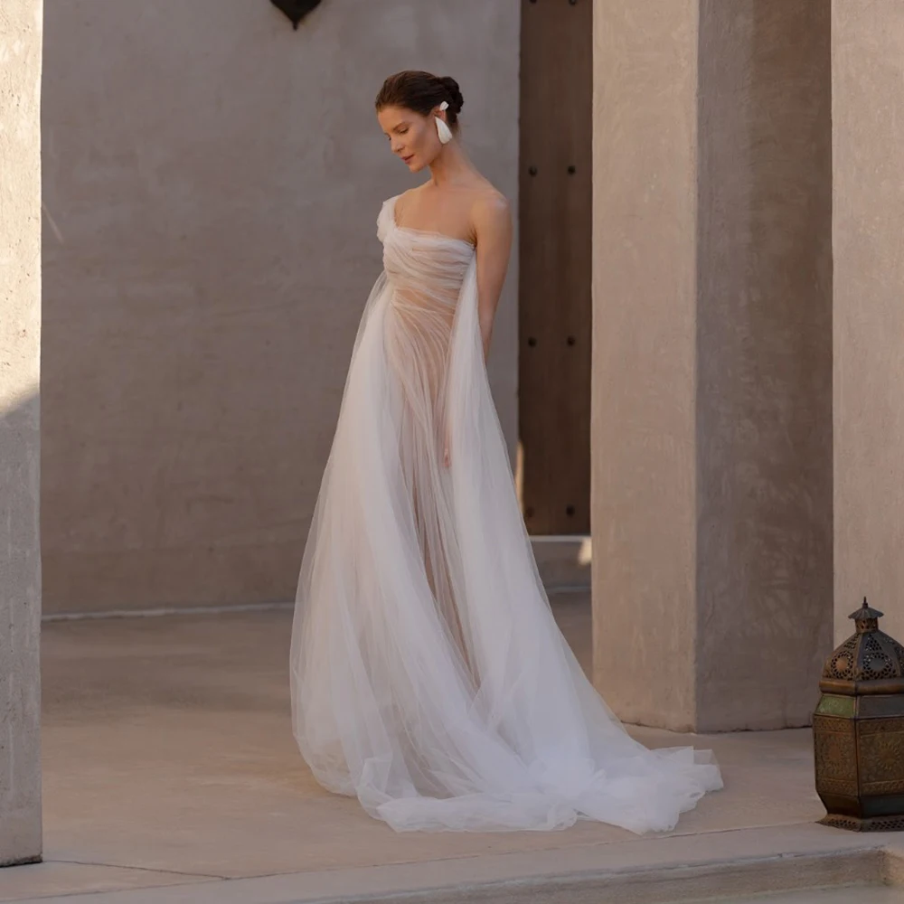 

One Shoulder Soft Tulle Wedding Dress Sleeveless Backless Sexy Mermaid Fashion Outdoor Beach Bridal Gown Chic TSWD674