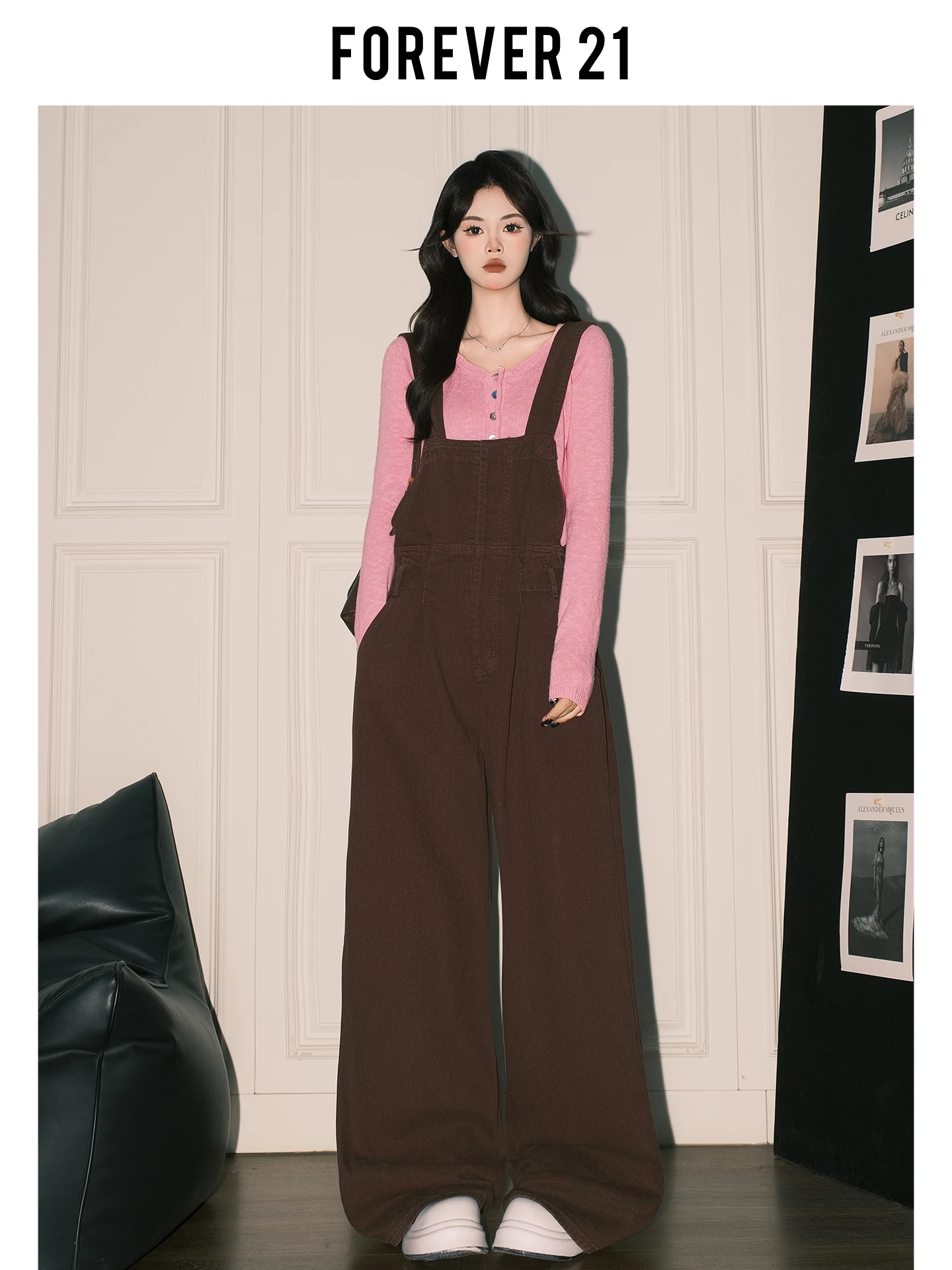 

Forever 2, винтажные джинсовые комбинезоны кофейного цвета, женские свободные комбинезоны с высокой талией и прямыми штанинами, американский Sle, ретро Sle