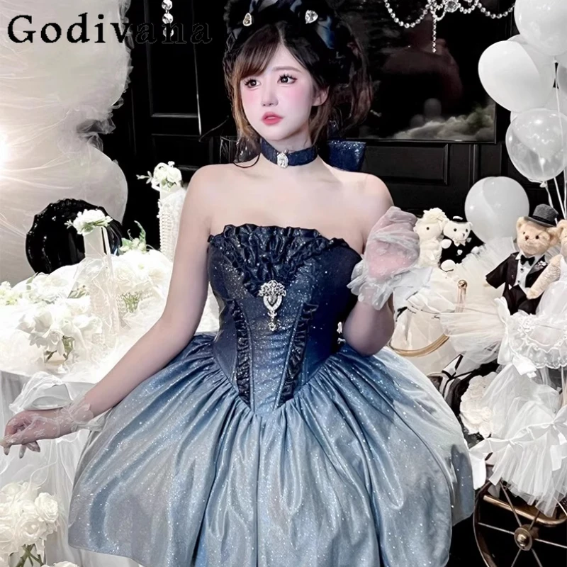 Vestido dulce estilo Lolita para mujer, vestido corto sin cuello para ceremonia, fiesta de cumpleaños, vestido de banquete de línea A sin mangas para mujer