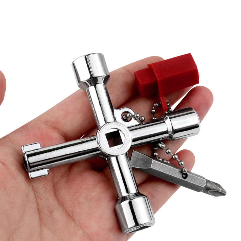 4-in-1 Multi-Function Key Wrench Silver Alloy Valve Tool for Electrical Cabinets & Elevators Emergency Repair Tool