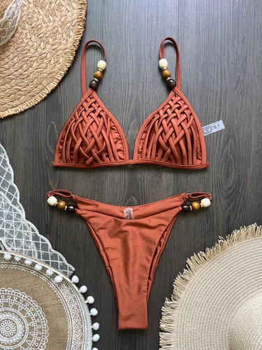 Imagen 2 del producto Conjunto de Bikini marrón Sexy para mujer, traje de baño brasileño con tirantes de perlas, sujetador de realce con agujeros, Tanga, traje de baño para playa 2026