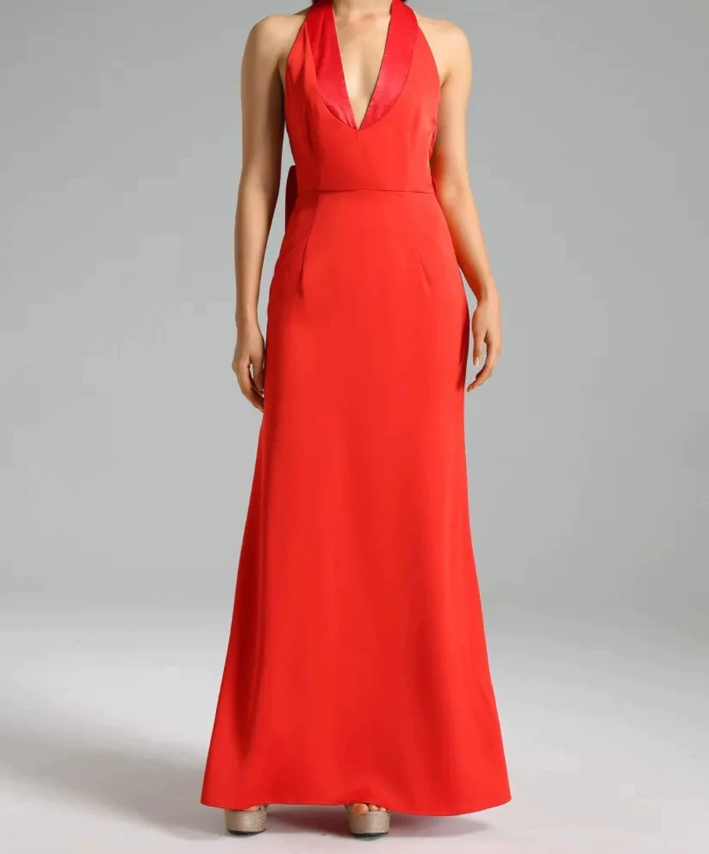 

European and American new red evening dress bow fashionable sexy deep V halter neck sleeveless backpack hip dress-GZXX1507