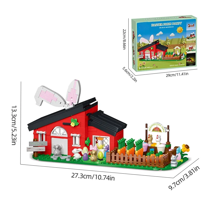 Décennie s de construction de fête de ferme de pâques, modèle de maison de lapin, ensemble de briques avec lumière, jouets de bricolage pour enfants, cadeau de vacances, 3 en 1, 445 pièces
