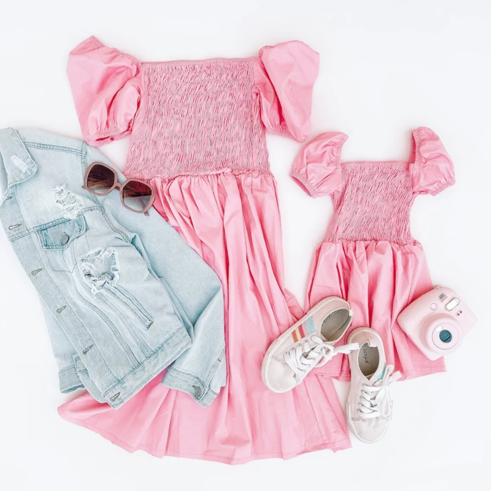 Summer Mom and daughter family look Pink Bubble Short Sleeve Dress Mommy and me clothes Casual matching family outfits