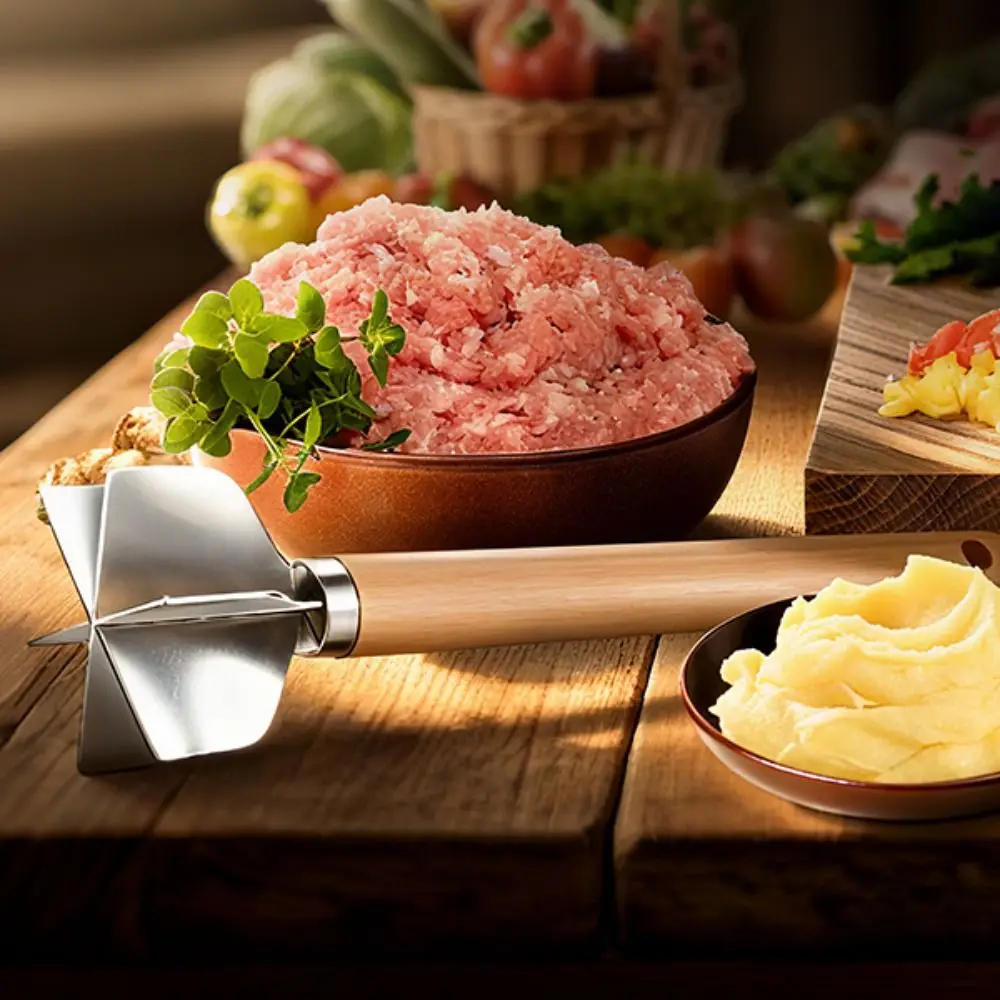 

Multifunctional Handheld Potato Masher Beef Stainless Steel Meat Chopper Manual Wood Handle Meat Stirrer