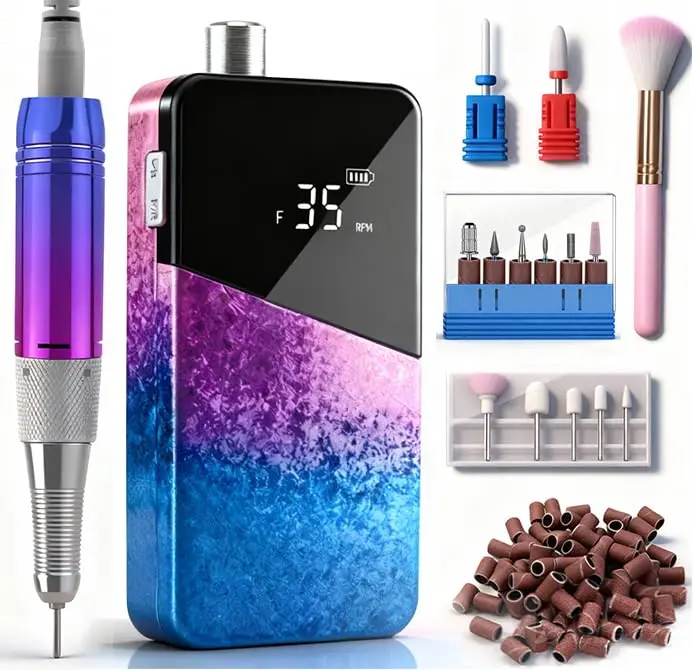

Rechargeable Nail Drill Kit with 35000RPM Speed, Ceramic Bits & Sanding Bands for Salon and Home Use