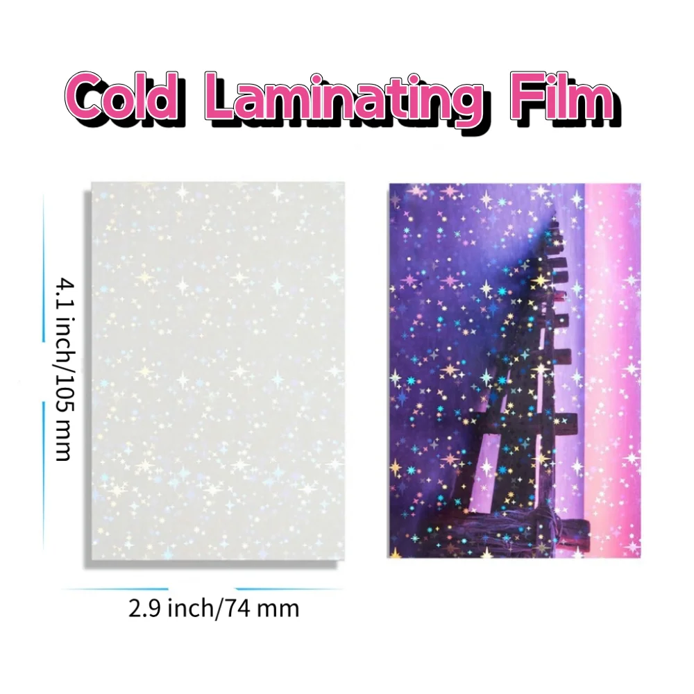 50 Sheets Holographic Cold Lamination Film 4.1x2.9 Inch Clear Overlay Waterproof star Lamination Sticker Self-Adhesive paper