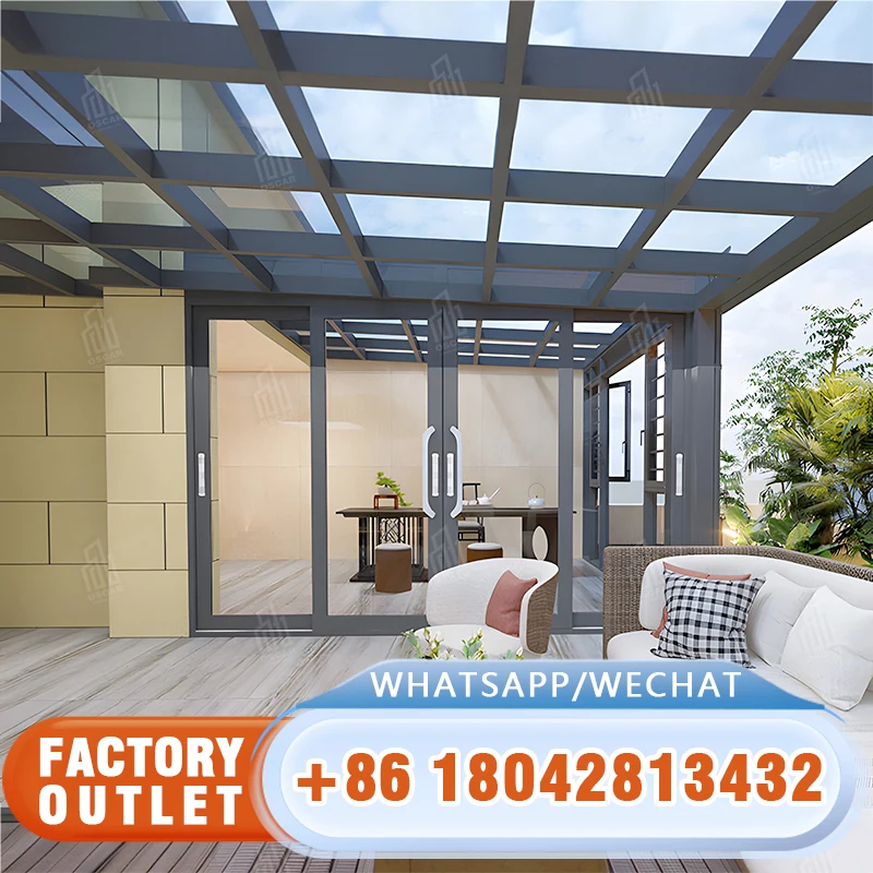 Factory 8Ft Gable Greenhouse Backyard Freestanding Transparent Polycarbonate Glazing Double Sliding Door Aluminum Frame Sunroom