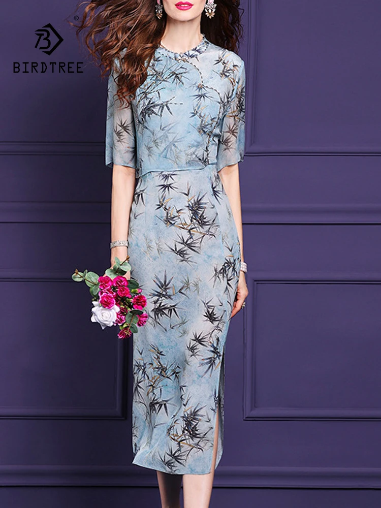 BirdTree, 100%Real Silk Elegant Dresses, Women Half Sleeve Stand Ink Painting, Retro Temperament Dress, 2024 Summer New D45898QC