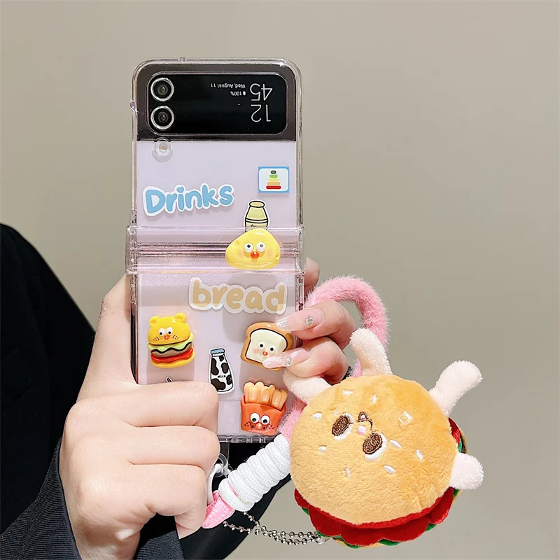 Kawaii Hamburg Hinge Phone Case For Samsung Galaxy Z Flip 6 5 4 3 Z Flip4 Flip5 Flip6 Cover with Plush Hand Strap Clear Cases