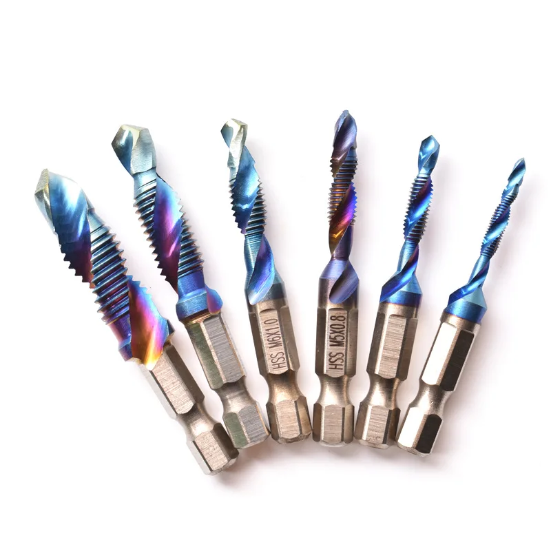 6PCS Blue machine screw tap High speed steel drilling tapping integrated composite drilling Hexagon handle Fried Dough Twists