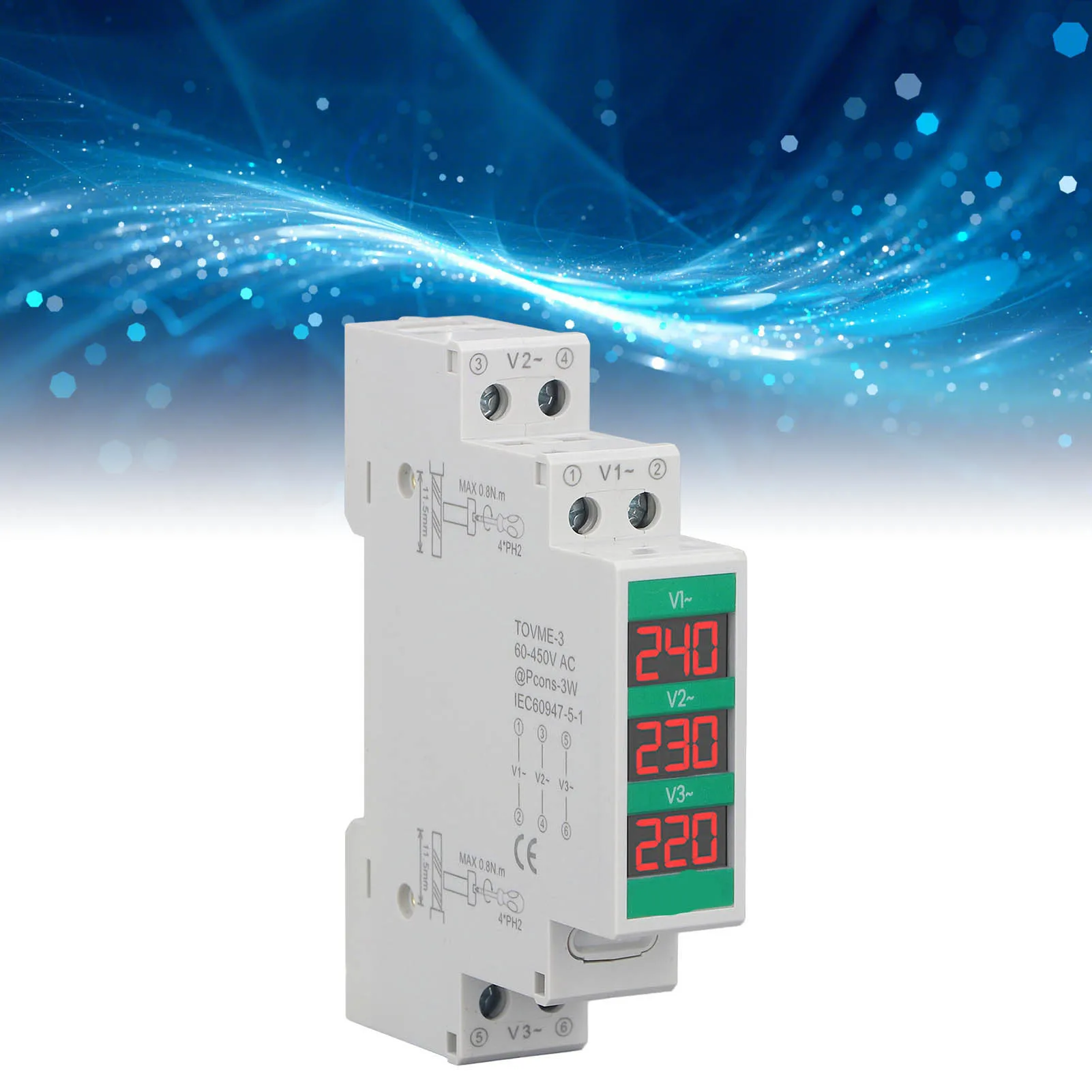 ZK30 3 Phase AC Voltmeter Din Rail Mount LCD Digital Display Voltage Meter Electric Power Meter 60‑450V