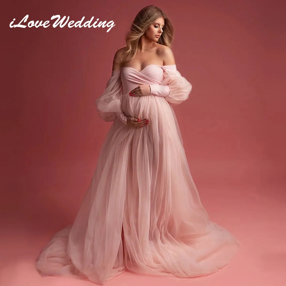 

ILoveWedding Pink Stretch Maternity Dress for Photography Babyshower Long Sleeve Photo Shoot Pregnant Women Gowns Photoshoot