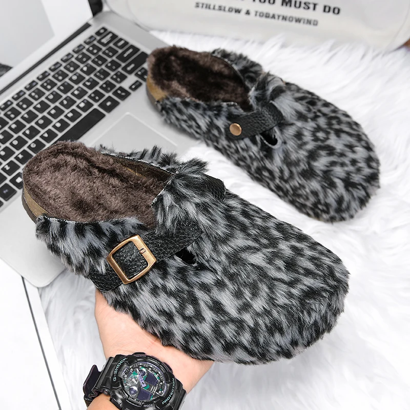 ليوبارد طباعة أفخم نِعال من الفراء للجنسين الشتاء الفلين النعال داخلي المنزل أحذية الانزلاق على الصنادل مع مشبك قابل للتعديل مغلق اصبع القدم #6