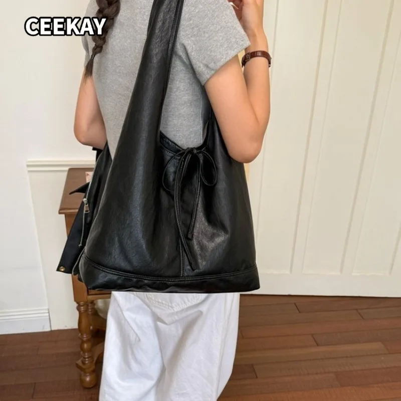 CEEKAY Matte Crinkle PU Oversized Triangle Sling Bag Simple Front Leather Drawstring Wide Integrated Shoulder Strap Casual