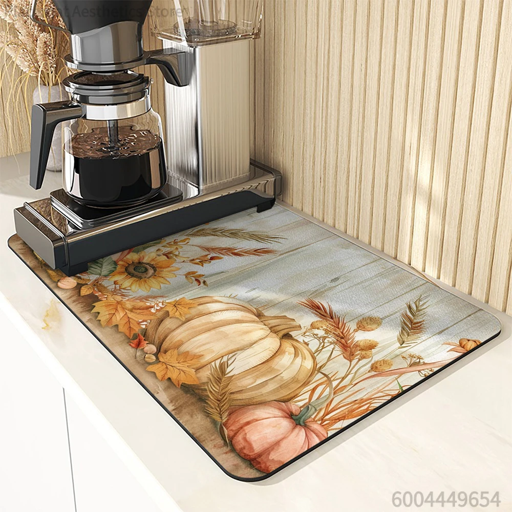 Coffee Mat Watercolor Pumpkin Absorbent Draining Dish Drying Mat Dry Bathroom Tableware Hide Stain Rubber Backed Absorbent Mat