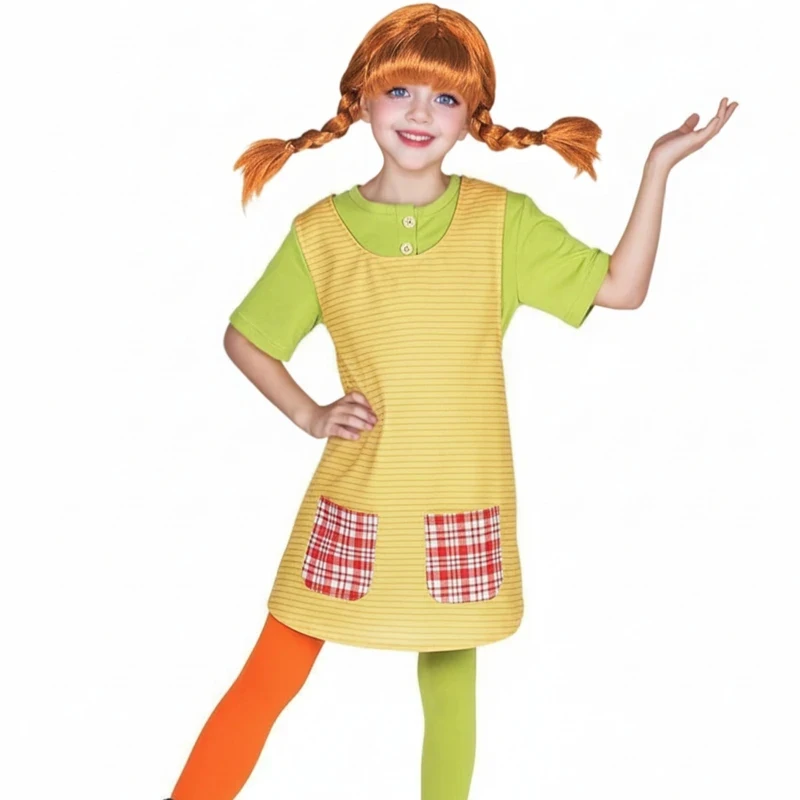 ⭕️⭐️⭕️Anime Cosplay Pippi Costume Women Adult  Long Braid Wig Stockings Apron Mother Daughter Party Fancy Dress Carnival C⭐️⭕️⭐️ - view 5