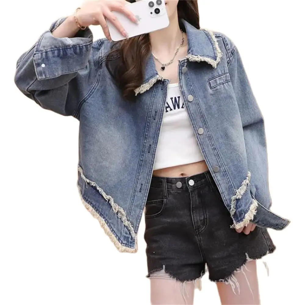 Blue Nail Turn-Down Collar Outerwear Denim Jacket Women Loose Button Patchwork Outwear Jean Coat Female Spring Raw Edge Jacket