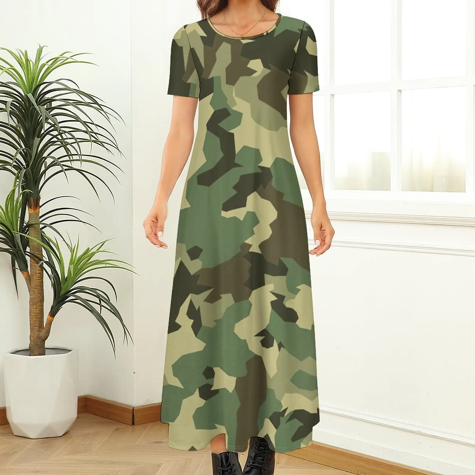 Classic Camo Dress Camouflage Military Design Army Modern Maxi Dress Short Sleeve Street Wear Boho Beach Long Dresses Big Size