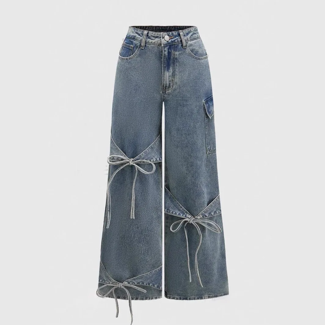 

Американские джинсы Y2K в стиле Spicy Girl с пэчворком и узлами, женские прямые свободные длинные брюки с завышенной талией в стиле INS