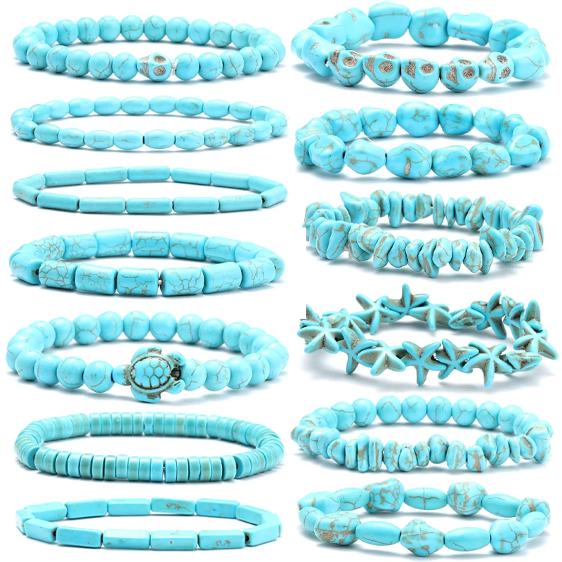 

Turquoises Bracelets for Women Men Reiki Natural Stone Cube Cylinder Irregular bracelet Resilient Bracelet Healing Jewelry Gift