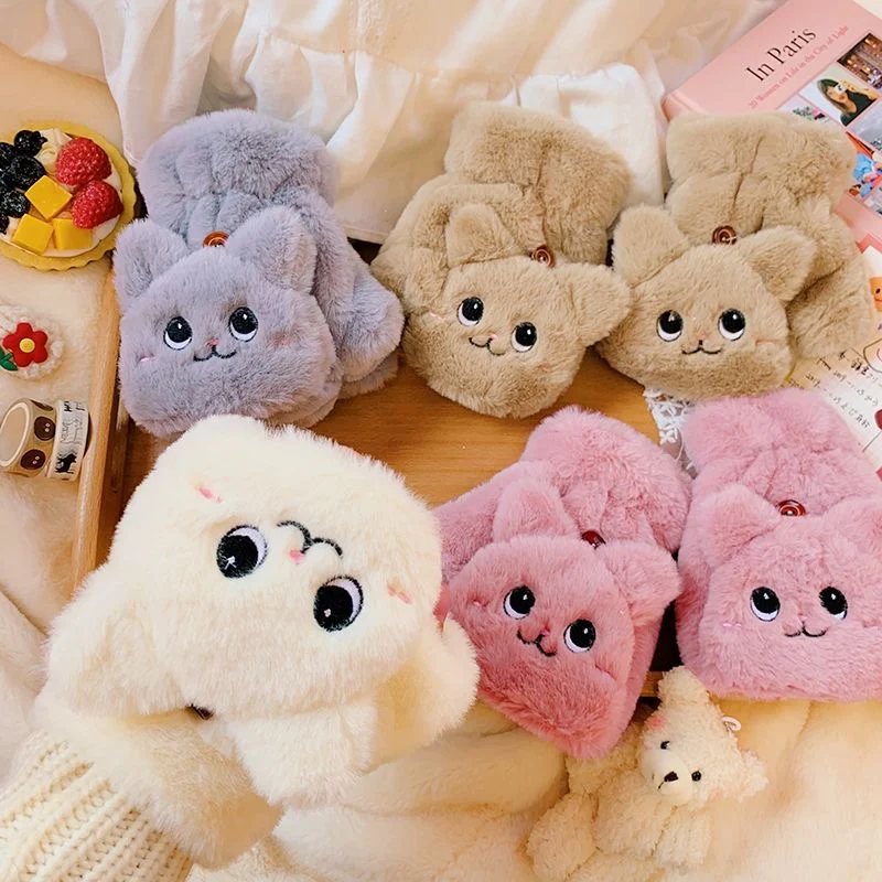 

Women Plush Warm Glove Fur Lovely Rabbit Cat Mittens Flip Fingerless Gloves Soft Girls Thick Gloves Flexible Half Finger Winter