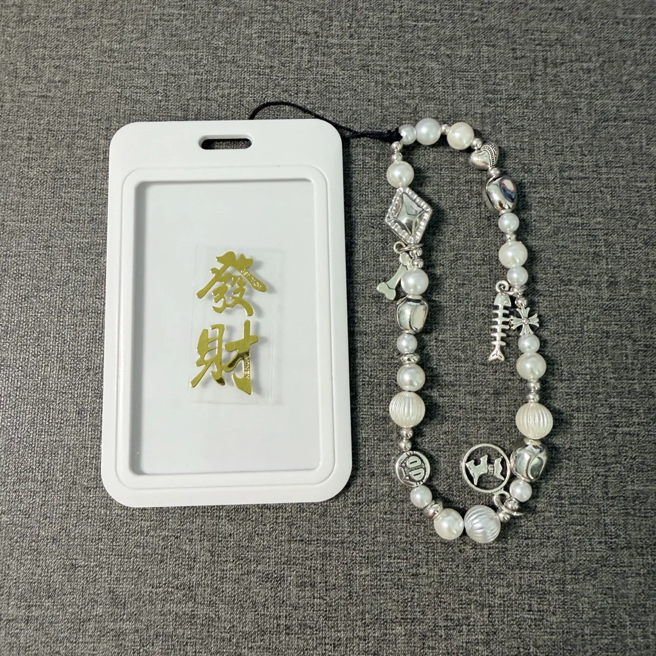 Fishbone Buddha Pattern Metal Phone Sticker Leather Lanyard Anti-lost Lucky Card Holder