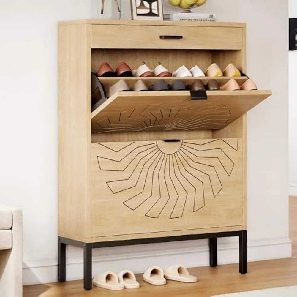 

Shoe Cabinet with 2 Flip Drawers, Freestanding Shoe Organizer with Drawer, Carved Sunflower Narrow Shoe Rack Cabinet for Entrywa