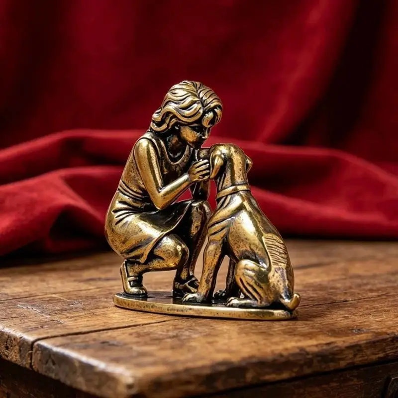 Vintage-Messingstatue von Mädchen und Hund, handgefertigt, fein geschnitzt, antik veredelt, Dekoration für Kinderzimmer, Wohnkultur, Geschenk für Feiertage. – Detail 5