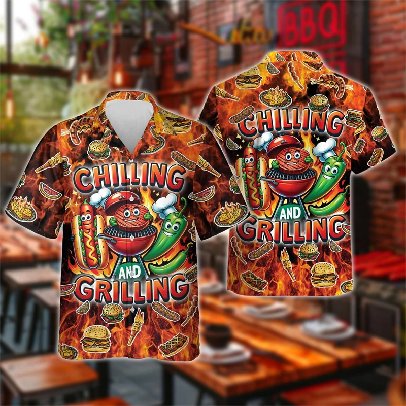 Grill Party Short Sleeve Shirts For Men Clothes Cute Pig Short Sleeve Blouses Fashion BBQ Lapel Blouse Barbecue Male Button Tops