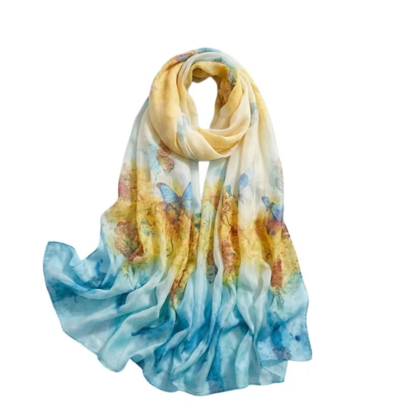 

Lightweight 100% Mulberry Silk Chiffon Scarf for Women Oblong Shawl Neck Scarf Beach Wrap Headscarf Gift Pack Yellow Butterfly